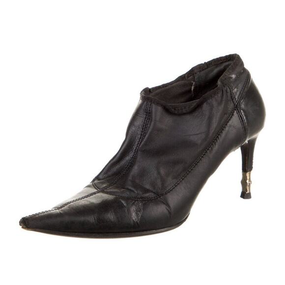 Authentic Gucci Gold Bamboo Heel Black Stretch Leather Ankle Boots Size 9 - Picture 1 of 7